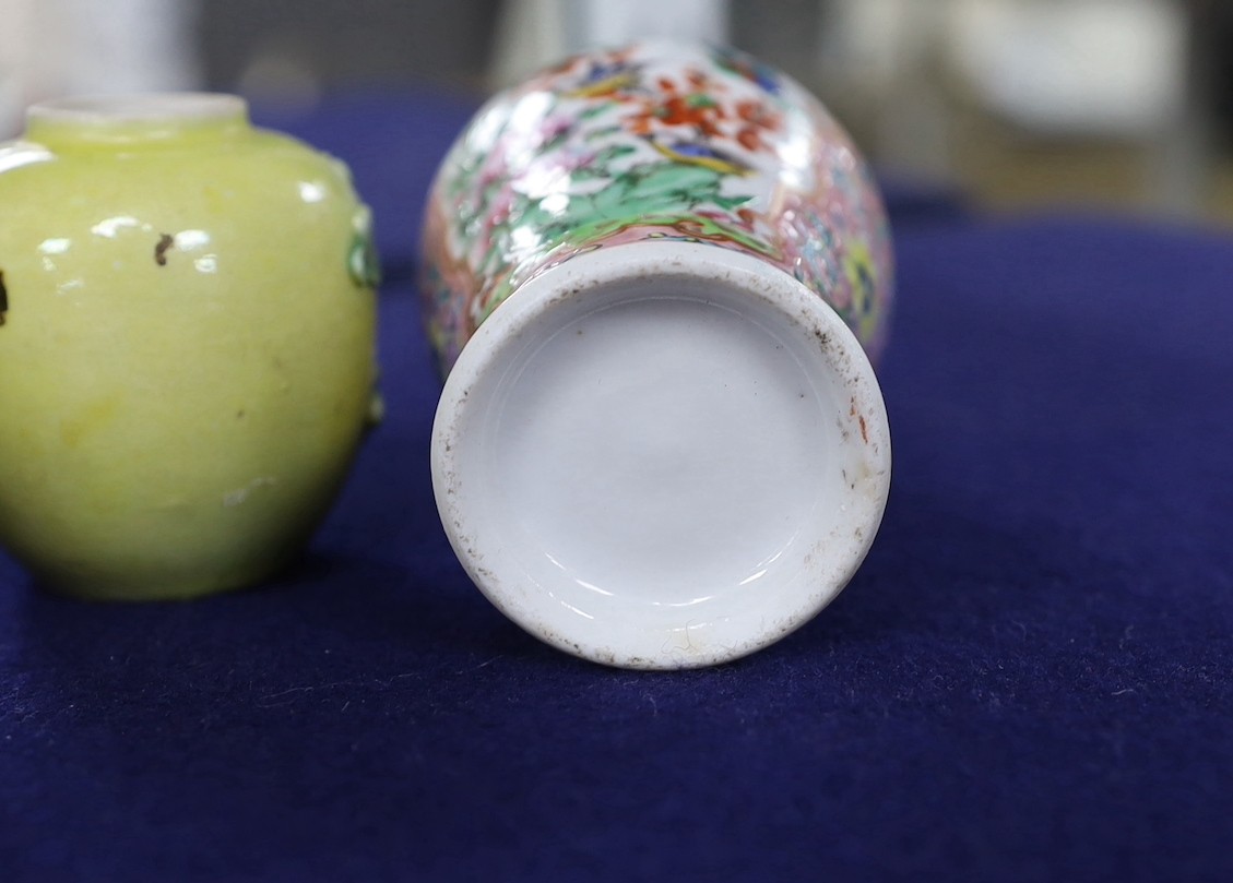 A pair of Chinese yellow glazed vases, pair of square form famille rose vases and baluster vase, a republic period baluster vase and five other items, (11items)
